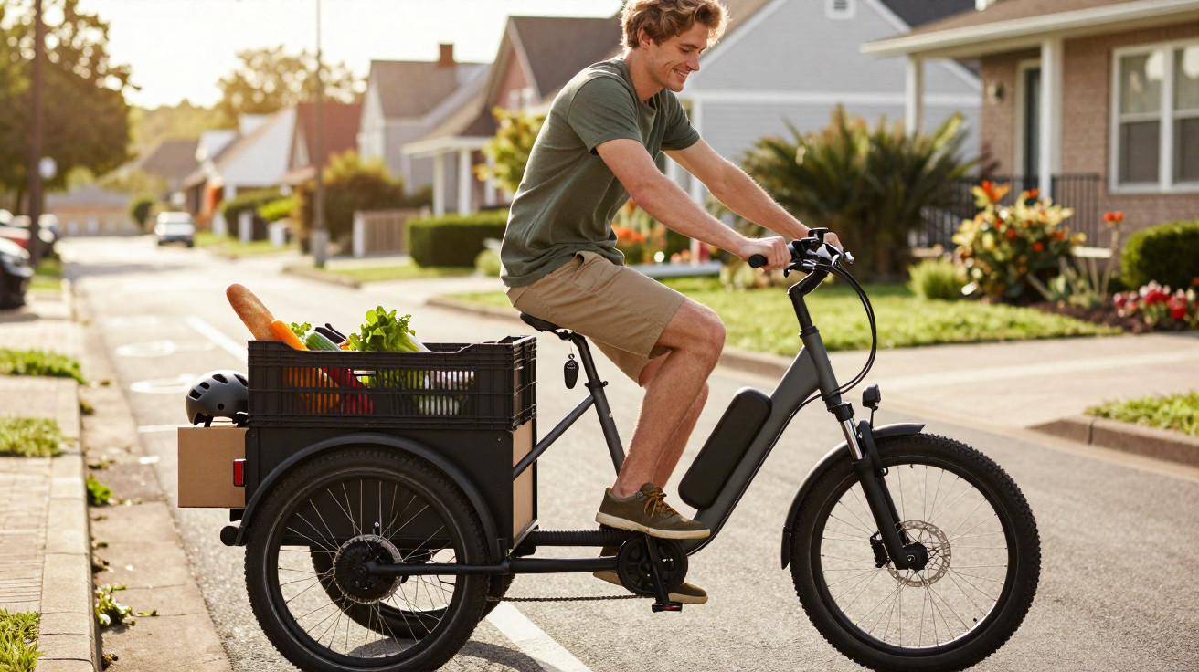 Junger Mann fährt mit einem Lasten-Elektrofahrrad voller Einkäufe durch ein Wohnviertel.