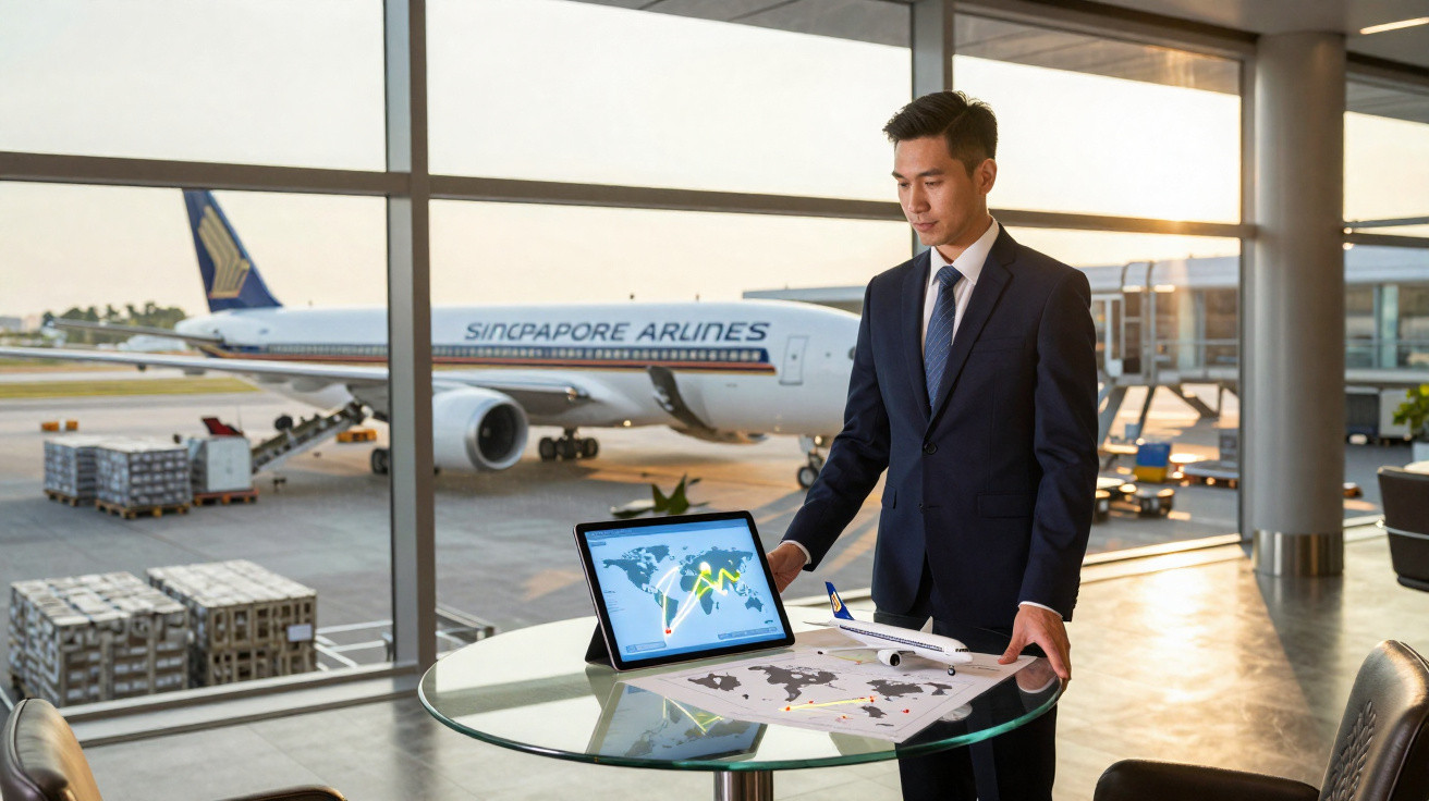 Geschäftsmann im Anzug analysiert Flugrouten auf Tablet und Landkarte am Flughafen mit Flugzeug im Hintergrund.