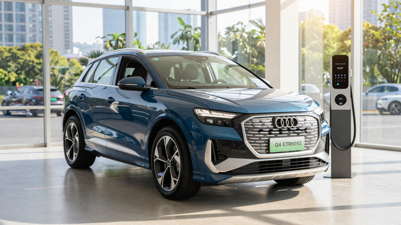 Blauer Audi Q4 e-tron steht in moderner Halle neben Ladestation für Elektroautos.