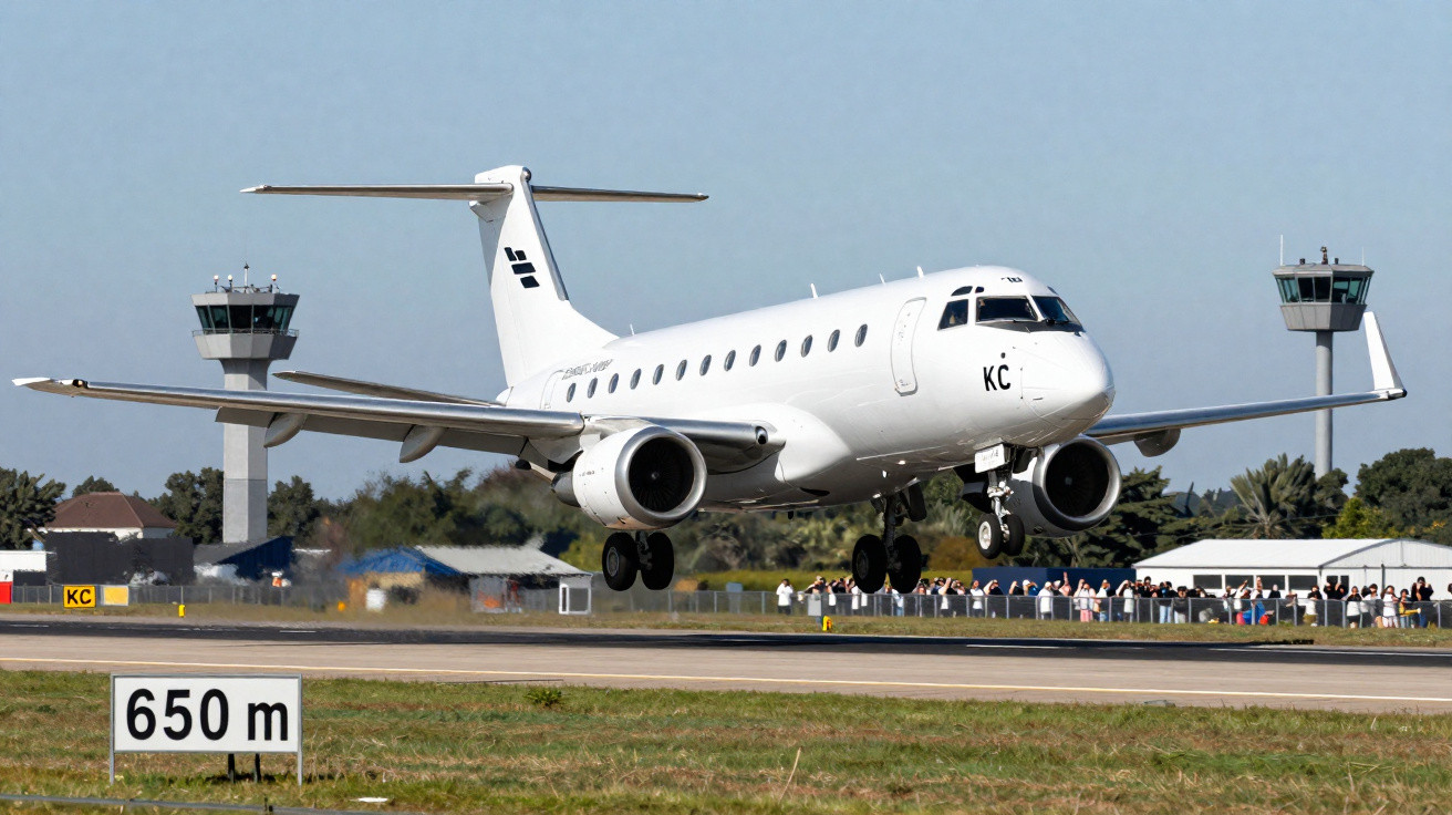 Weißes Passagierflugzeug kurz vor der Landung auf Asphaltpiste mit Kontrolltürmen und Zuschauern im Hintergrund.
