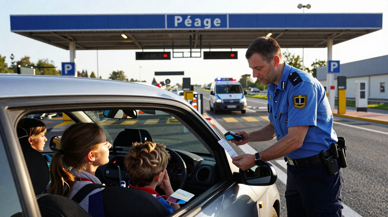 Grenzbeamter kontrolliert Ausweise von drei Insassen in Auto an einer Mautstation.