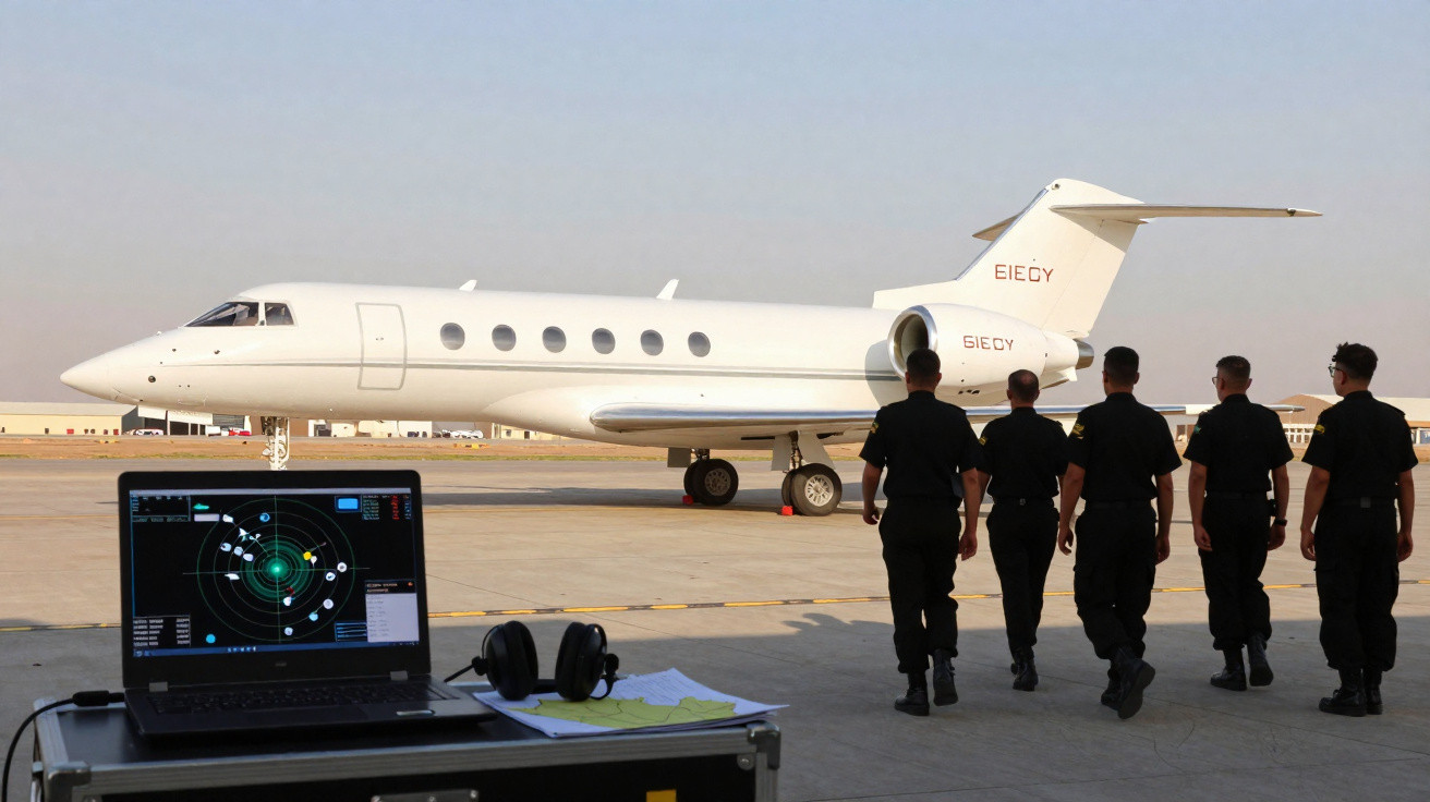 Fünf Personen in Uniform gehen vor einer geparkten weißen Privatjet-Luftfahrzeug auf dem Rollfeld.