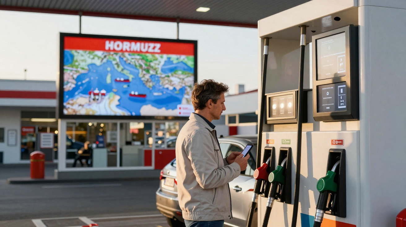 Mann steht an Tankstelle mit Handy in der Hand, im Hintergrund große digitale Anzeigetafel mit der Aufschrift HORMUZZ.
