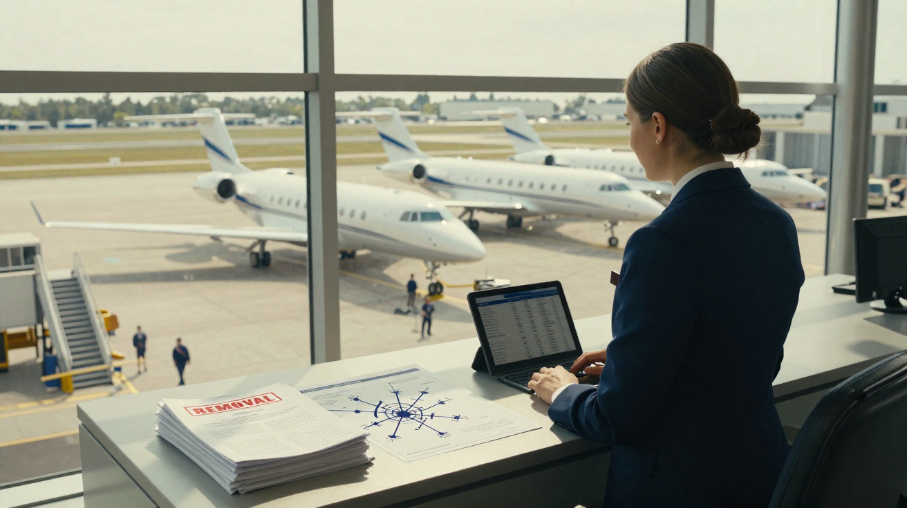 Flugbegleiterin arbeitet mit Laptop am Fenster mit Blick auf mehrere geparkte Flugzeuge am Flughafen.