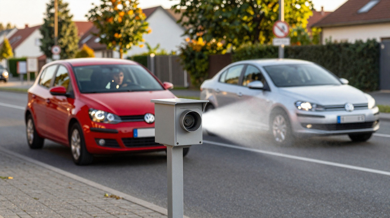 Geschwindigkeitsmesskamera erfasst Autos auf einer Straße in einem Wohngebiet bei Tageslicht.