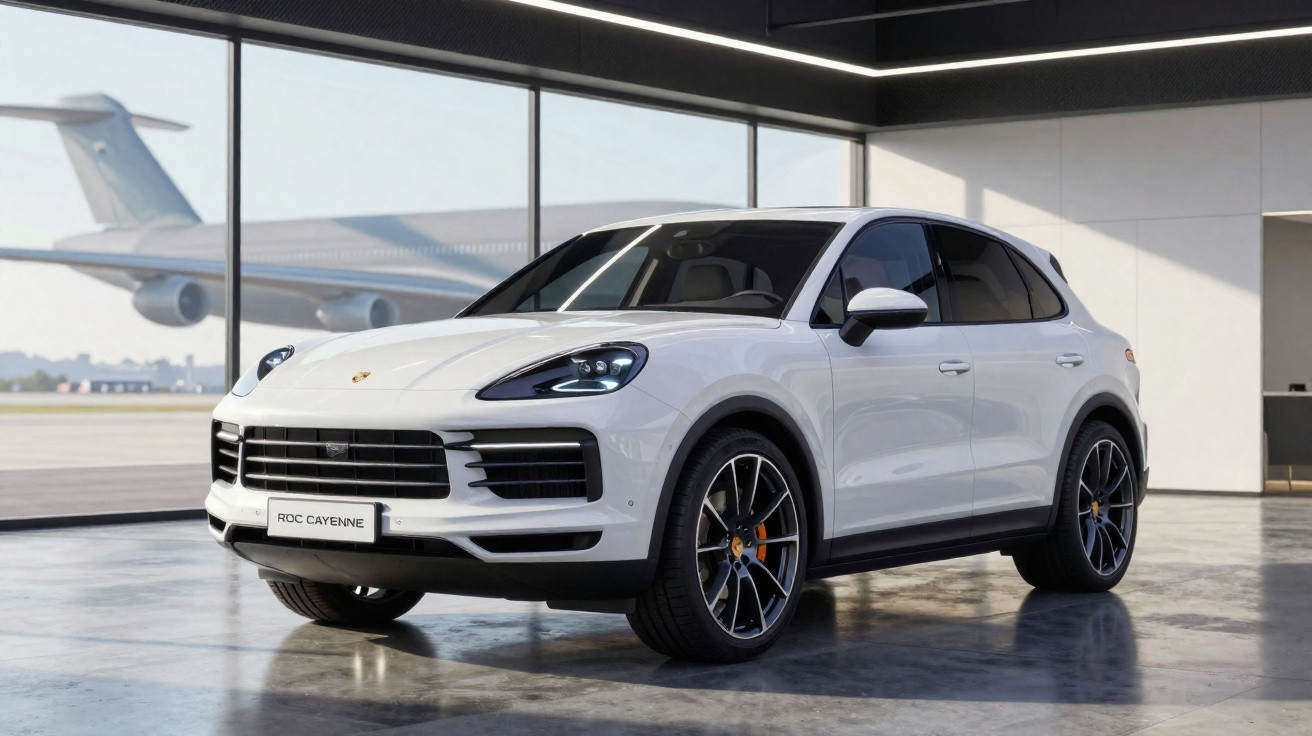 Weißer Porsche Cayenne SUV in modernem Showroom mit Flugzeug im Hintergrund.