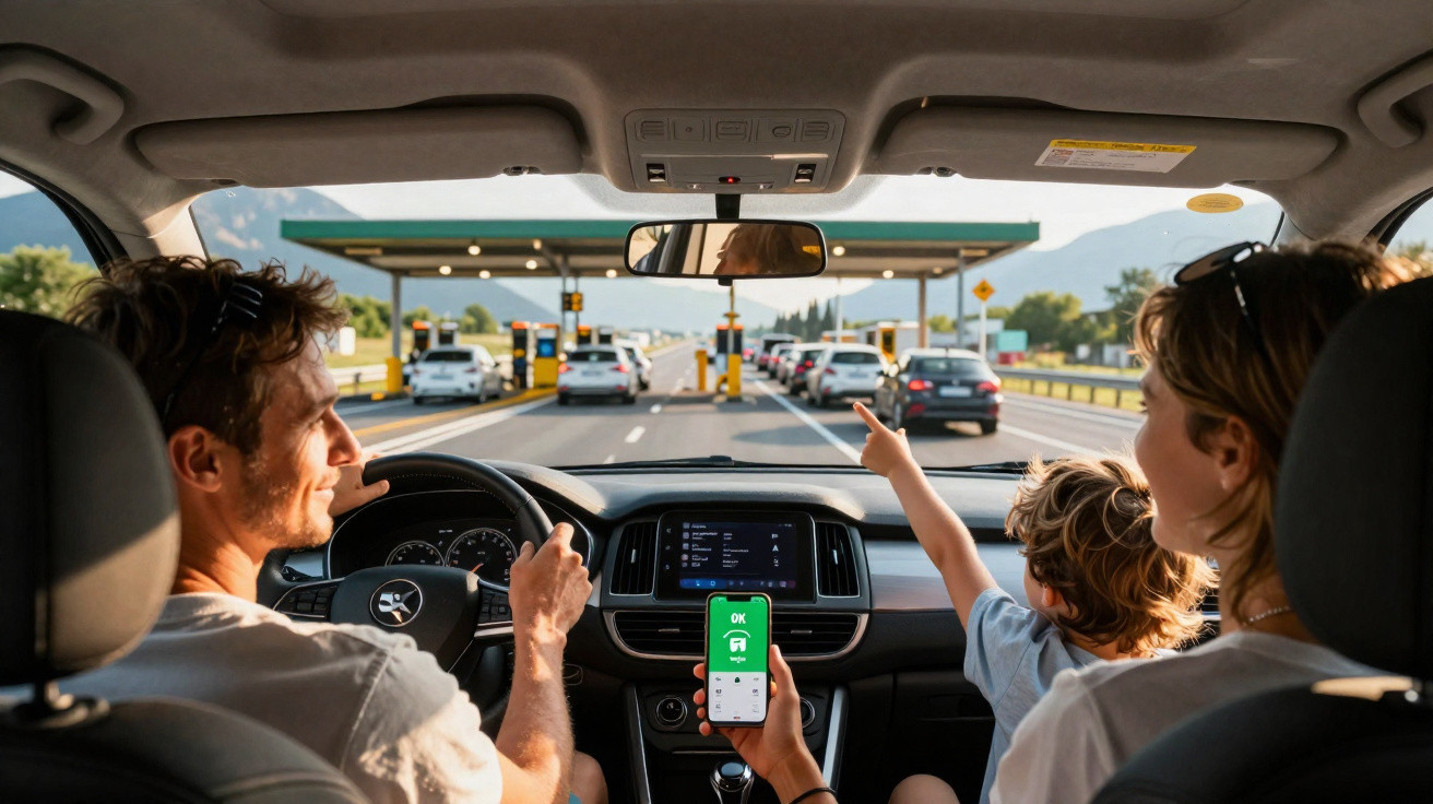 Familie im Auto an Mautstelle, Vater fährt, Mutter zeigt nach vorne, Kind sitzt auf Beifahrersitz.
