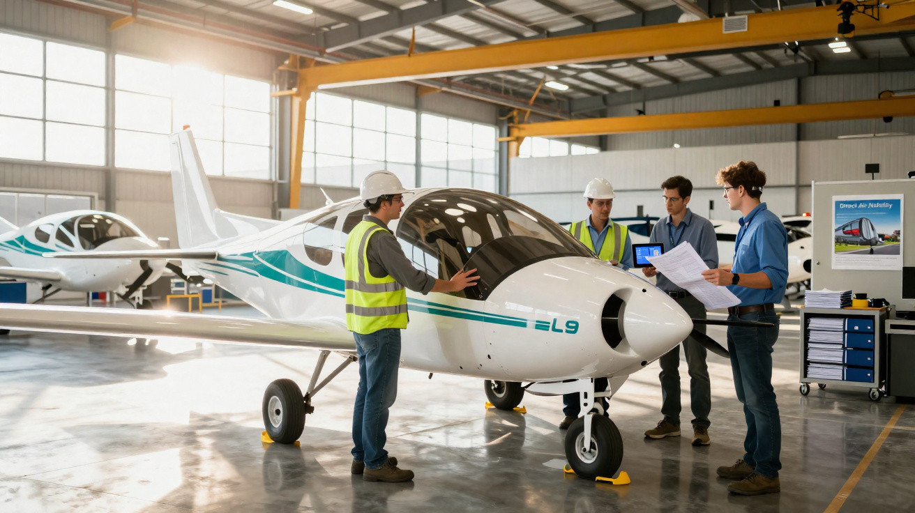Ingenieure mit Schutzhelmen prüfen ein kleines weißes Flugzeug in einer hellen Werkshalle.