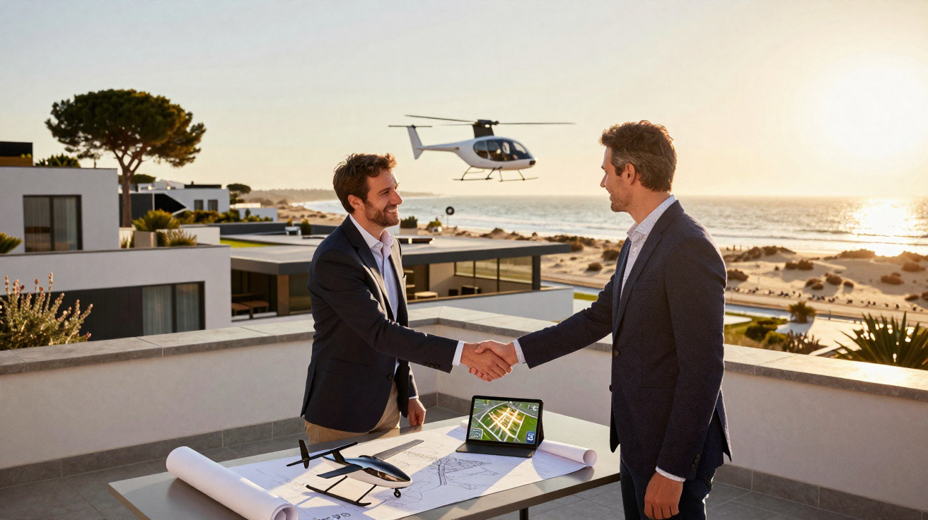Zwei Männer schütteln sich beim Immobiliengeschäft am Meer mit Helikopter im Hintergrund die Hand.
