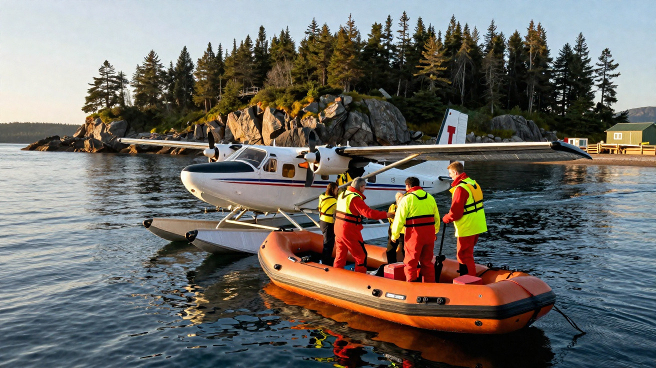 Vier Personen in Rettungswesten auf einem Schlauchboot neben einem Wasserflugzeug vor einer bewaldeten Felseninsel.