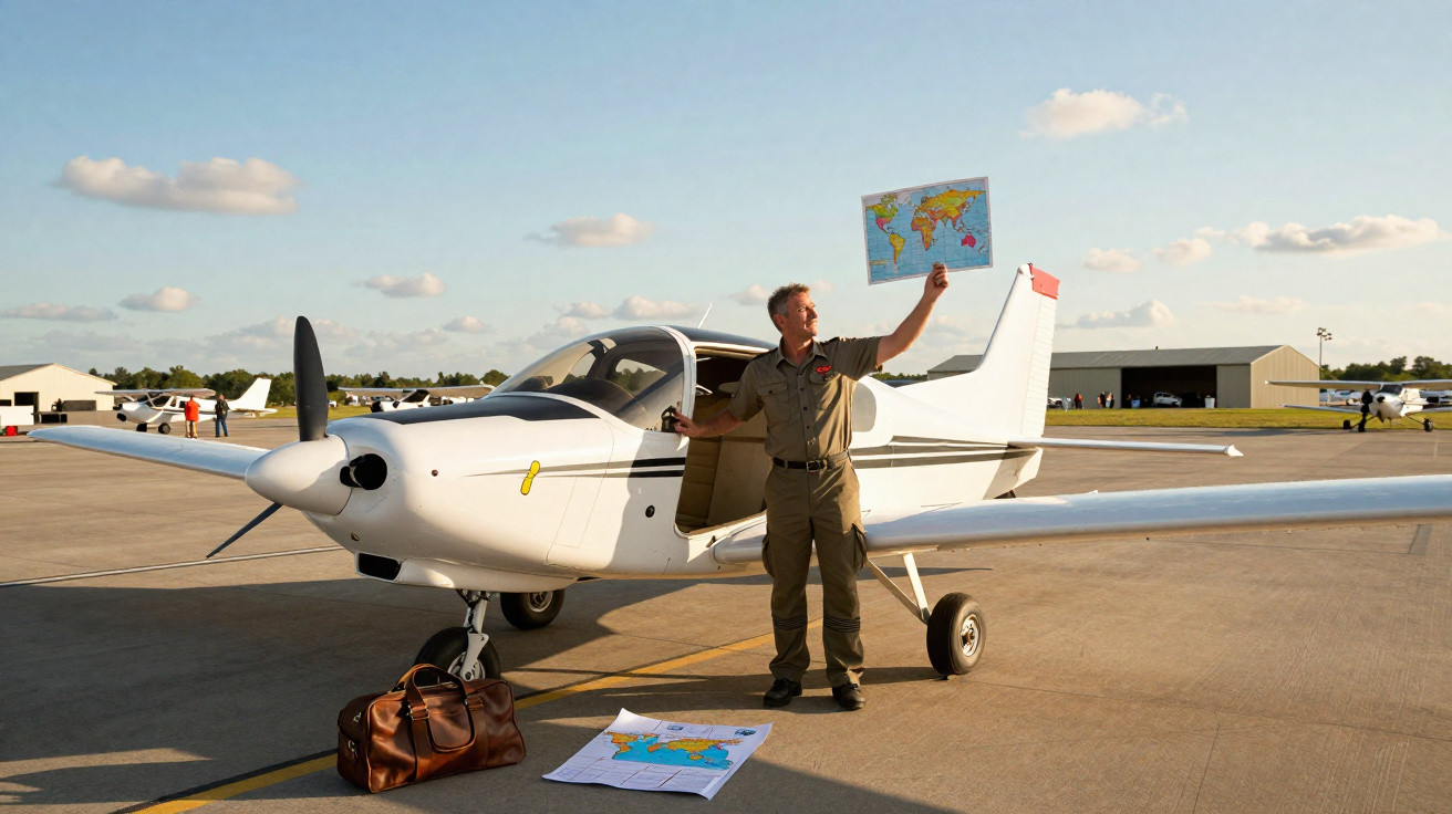 Pilot steht neben kleinem einmotorigem Flugzeug und hält eine Weltkarte hoch auf einem Flugplatz.