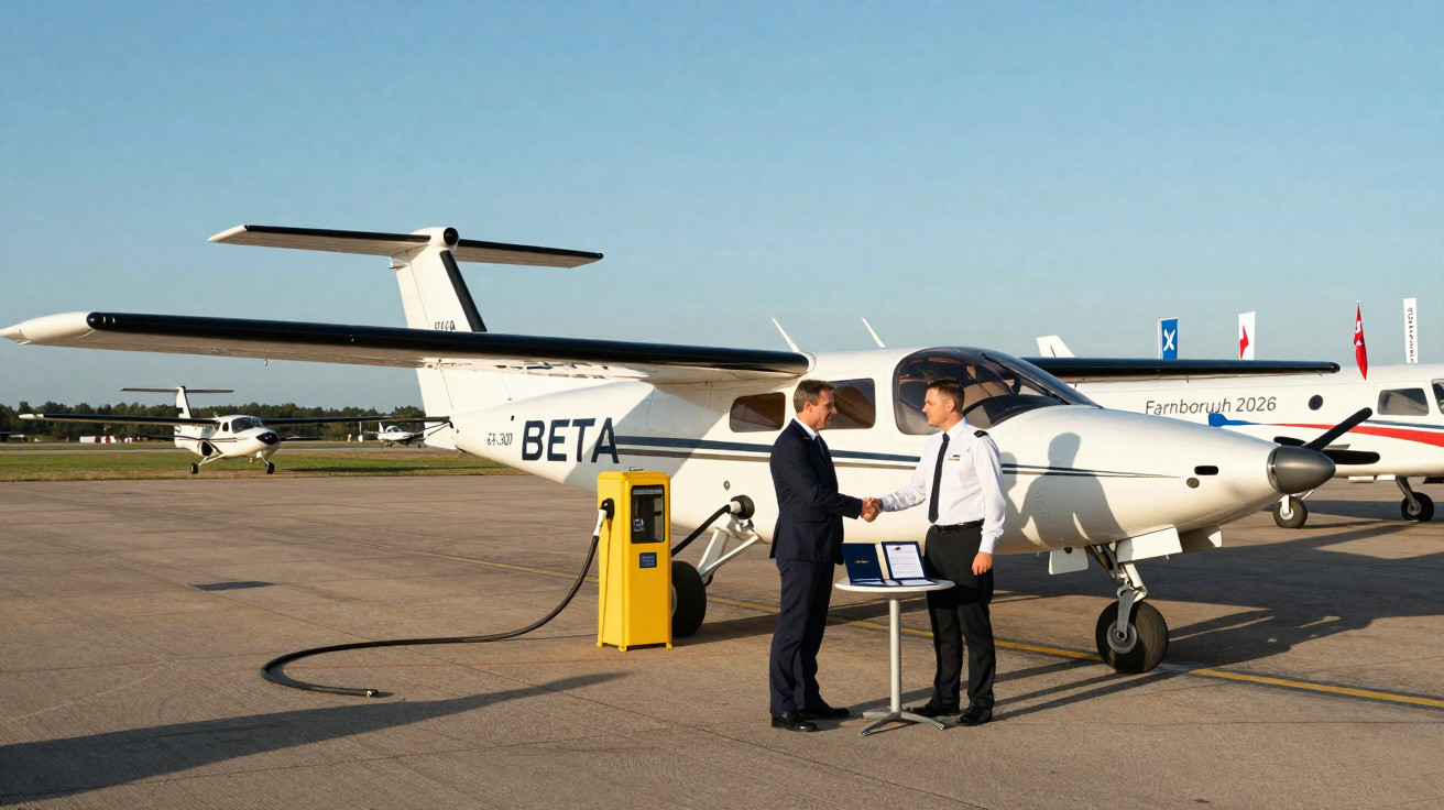 Zwei Männer in formeller Kleidung schütteln sich am Elektroflugzeug BETA die Hand auf dem Rollfeld.