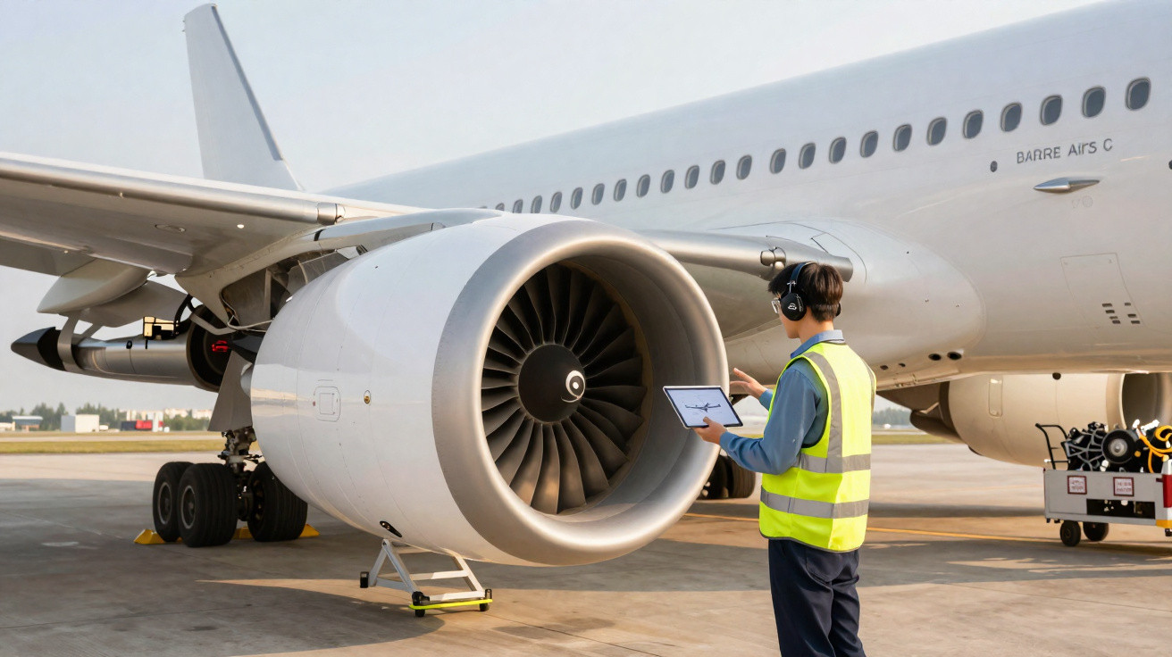 Techniker mit Warnweste prüft Triebwerk eines geparkten Passagierflugzeugs auf dem Rollfeld.