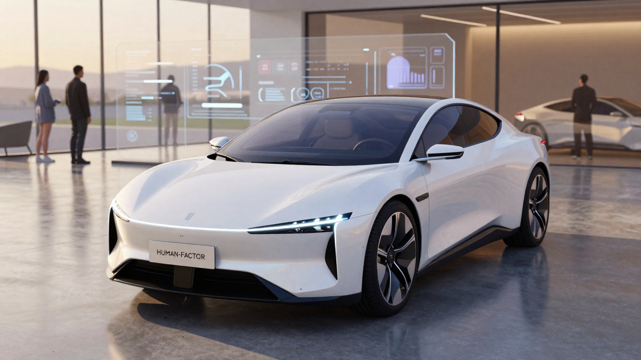 Weißes, futuristisches Elektroauto Human-Factor in modernem Showroom mit Personen im Hintergrund.