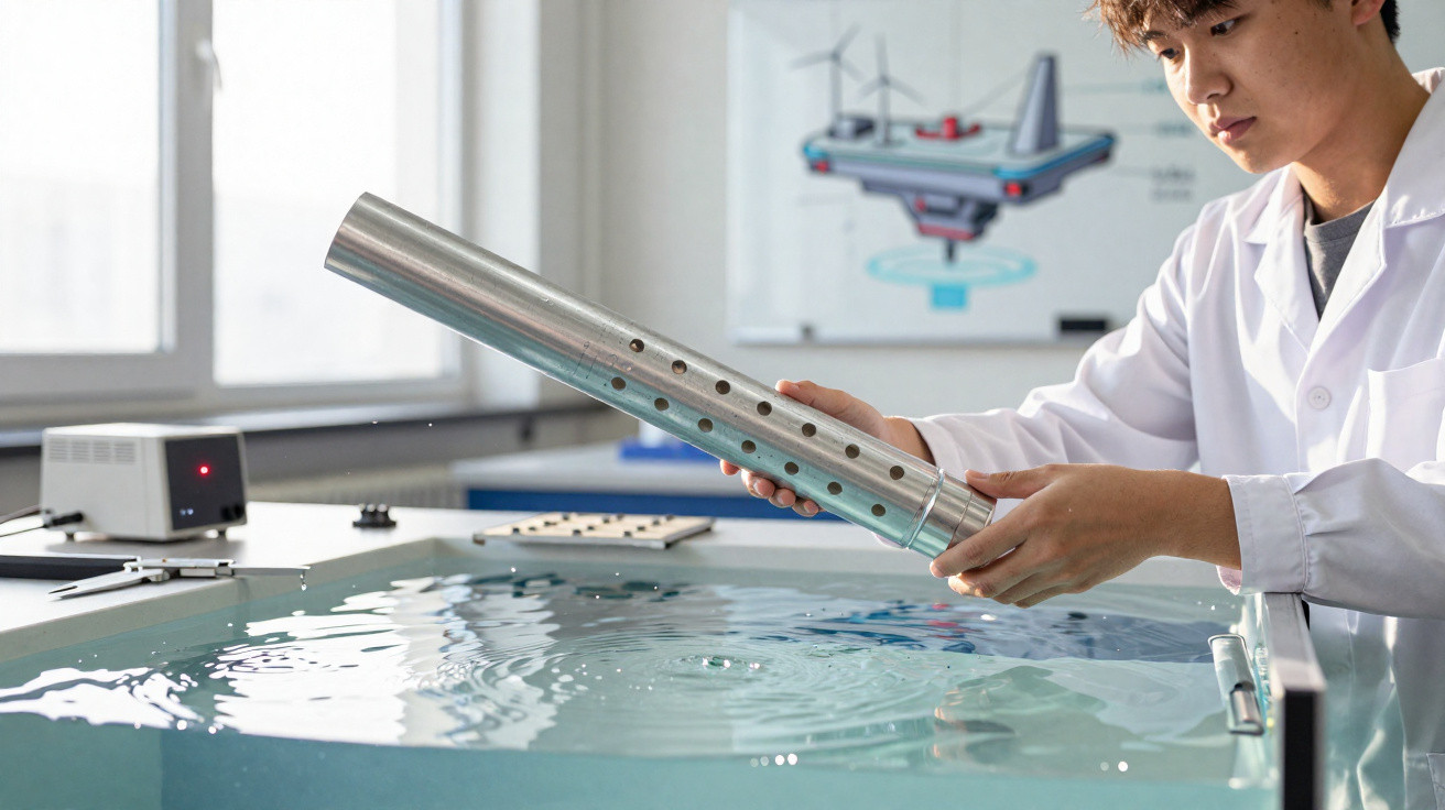 Mann im weißen Laboranzug hält Metallrohr über Wasserbecken für Experiment oder Test im Labor.