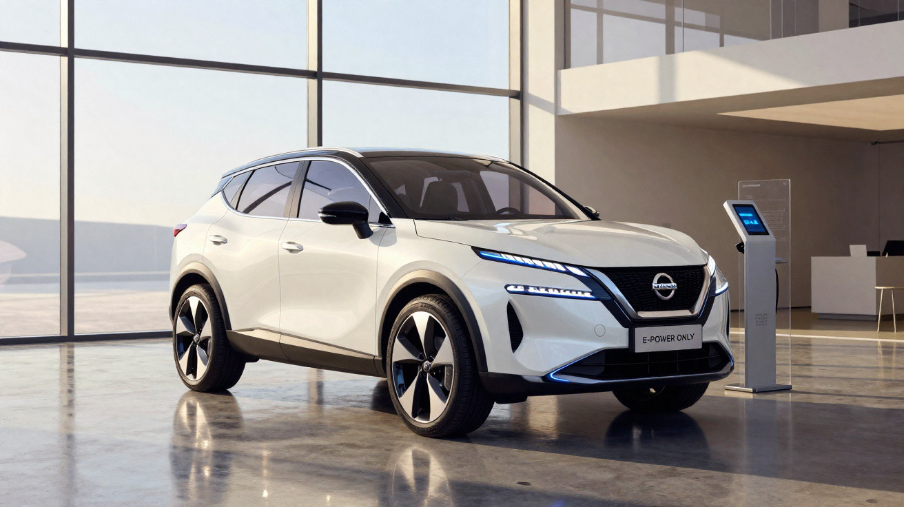 Weißes Nissan E-Auto in modernem Showroom mit großen Fenstern und Ladestation.