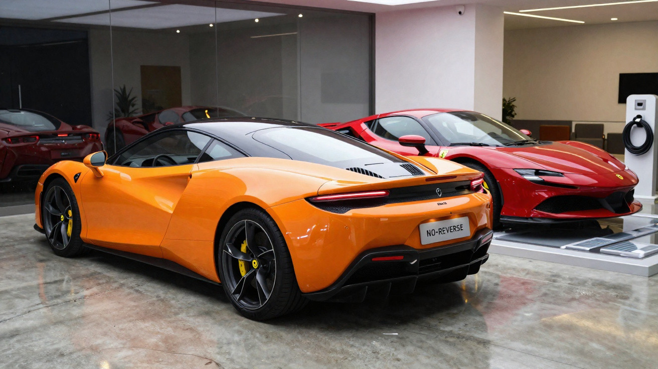 Zwei Sportwagen in Garage: orangefarbener McLaren und roter Ferrari vor Ladestation.