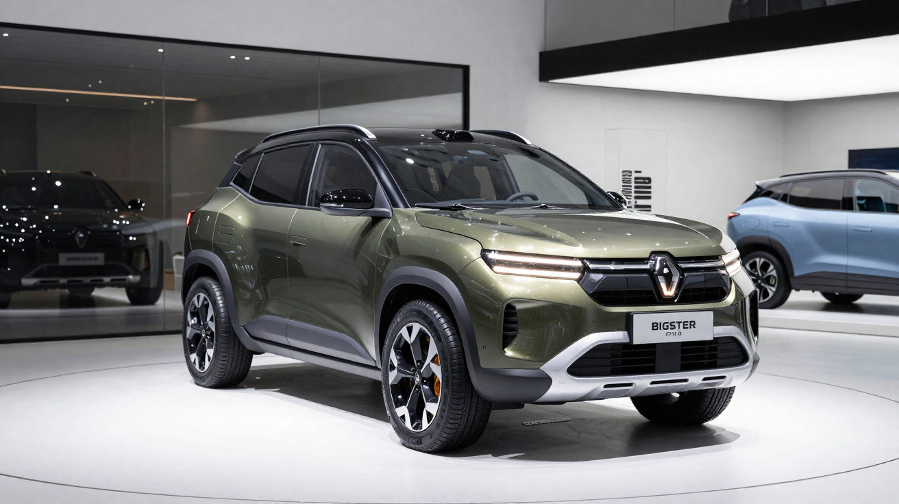 Grüner Renault Bigster SUV im Ausstellungsraum auf weißem Rundpodest mit Spiegelung im Hintergrund.