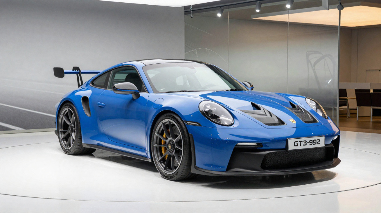 Blauer Porsche 911 GT3 RS auf weißem Ausstellungsboden in modernem Innenraum mit Glaswänden.