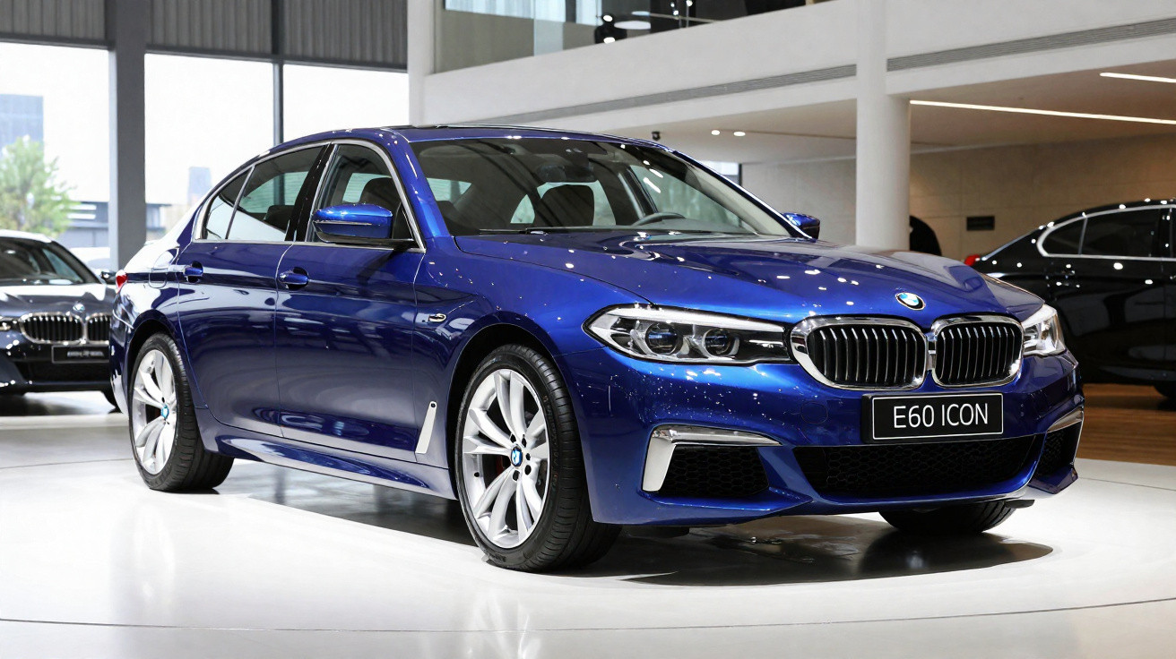 Blauer BMW E60 ICON Limousine im Ausstellungsraum auf weißem Boden mit hellen Deckenleuchten.