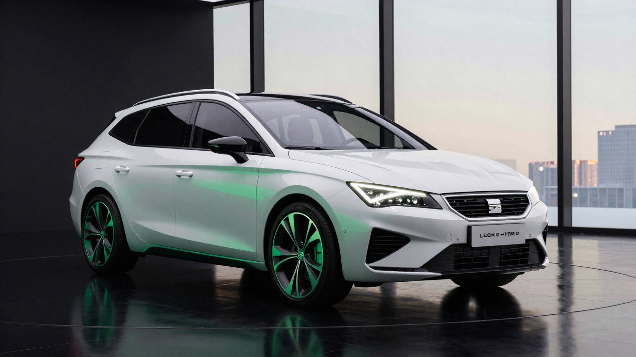 Weißer Seat Leon Hybrid Kombi in moderner Ausstellung mit großem Fenster und Stadtblick.