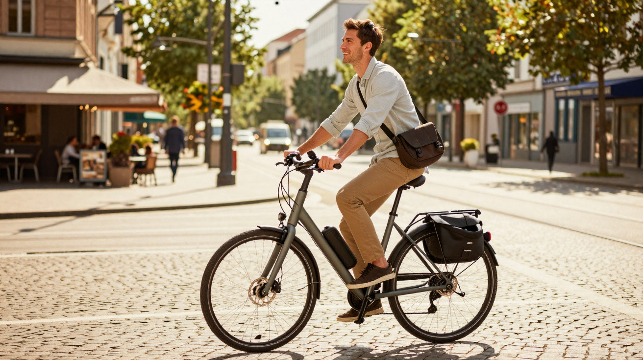 Junger Mann fährt mit einem E-Bike über eine sonnige, gepflasterte Straße in der Stadt.