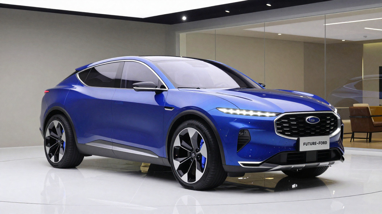 Blaues futuristisches Elektro-SUV Modell von Ford in einem modernen Ausstellungsraum.