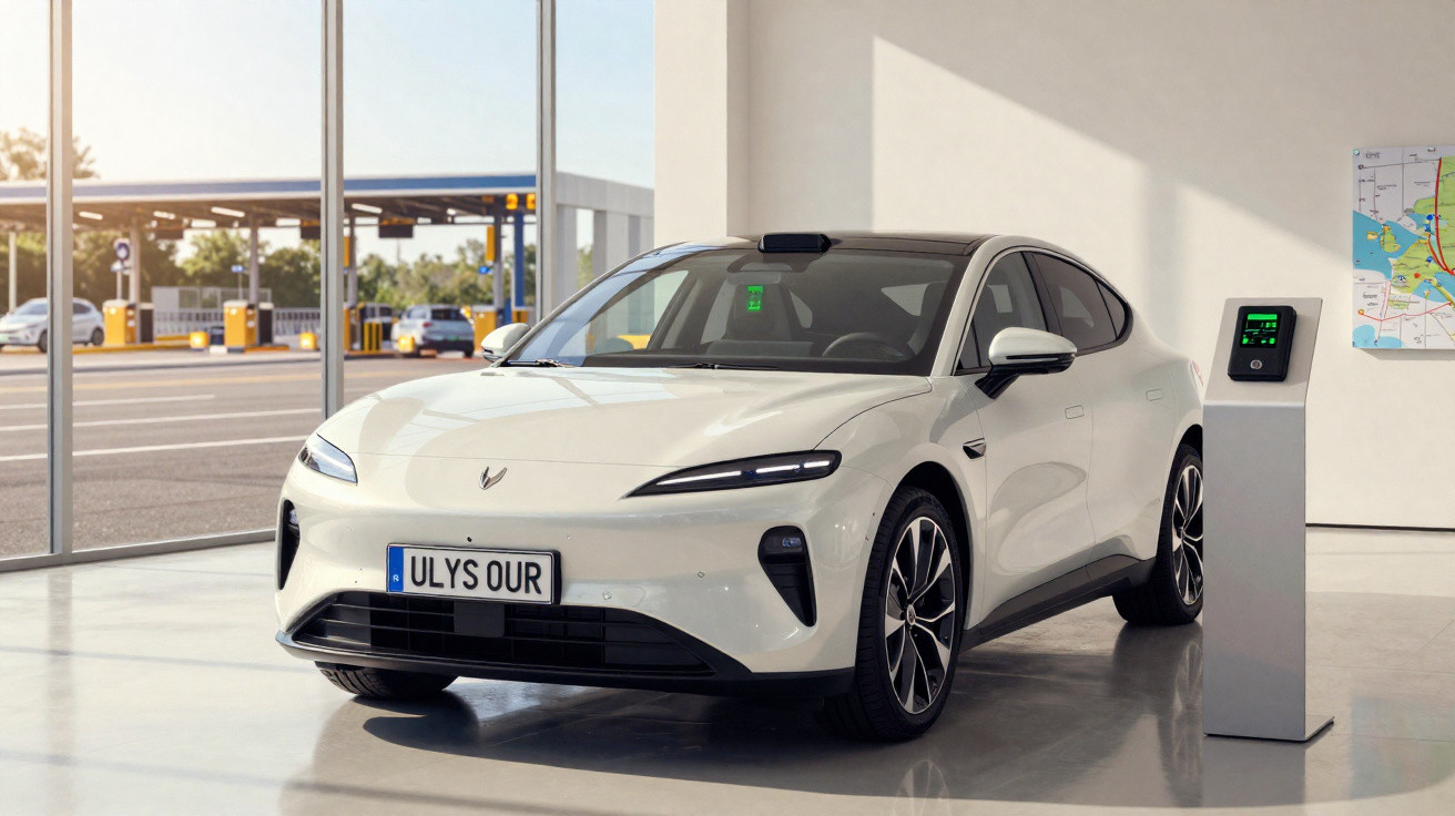 Weißes Elektroauto an Ladestation in moderner Halle mit großer Glasfront und Straßenblick.
