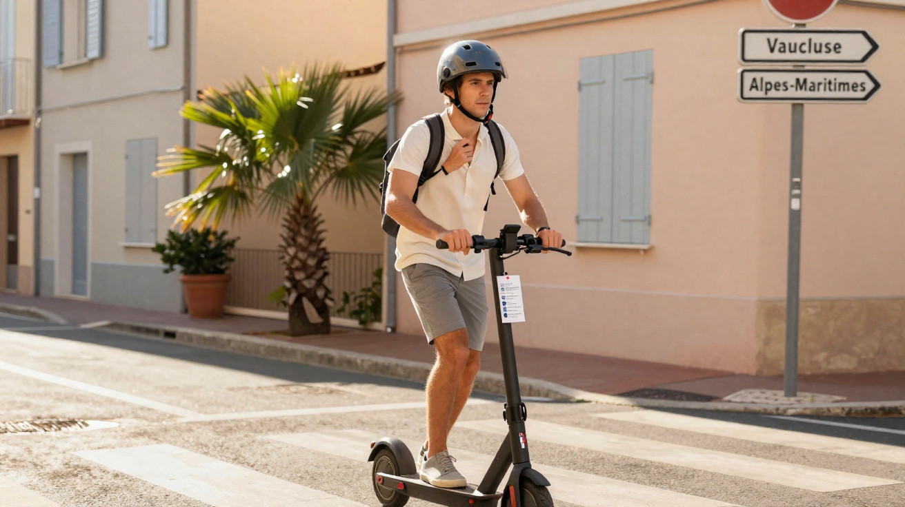 Mann mit Helm fährt E-Scooter auf Zebrastreifen in sonniger, ruhiger Straße mit Verkehrsschildern.