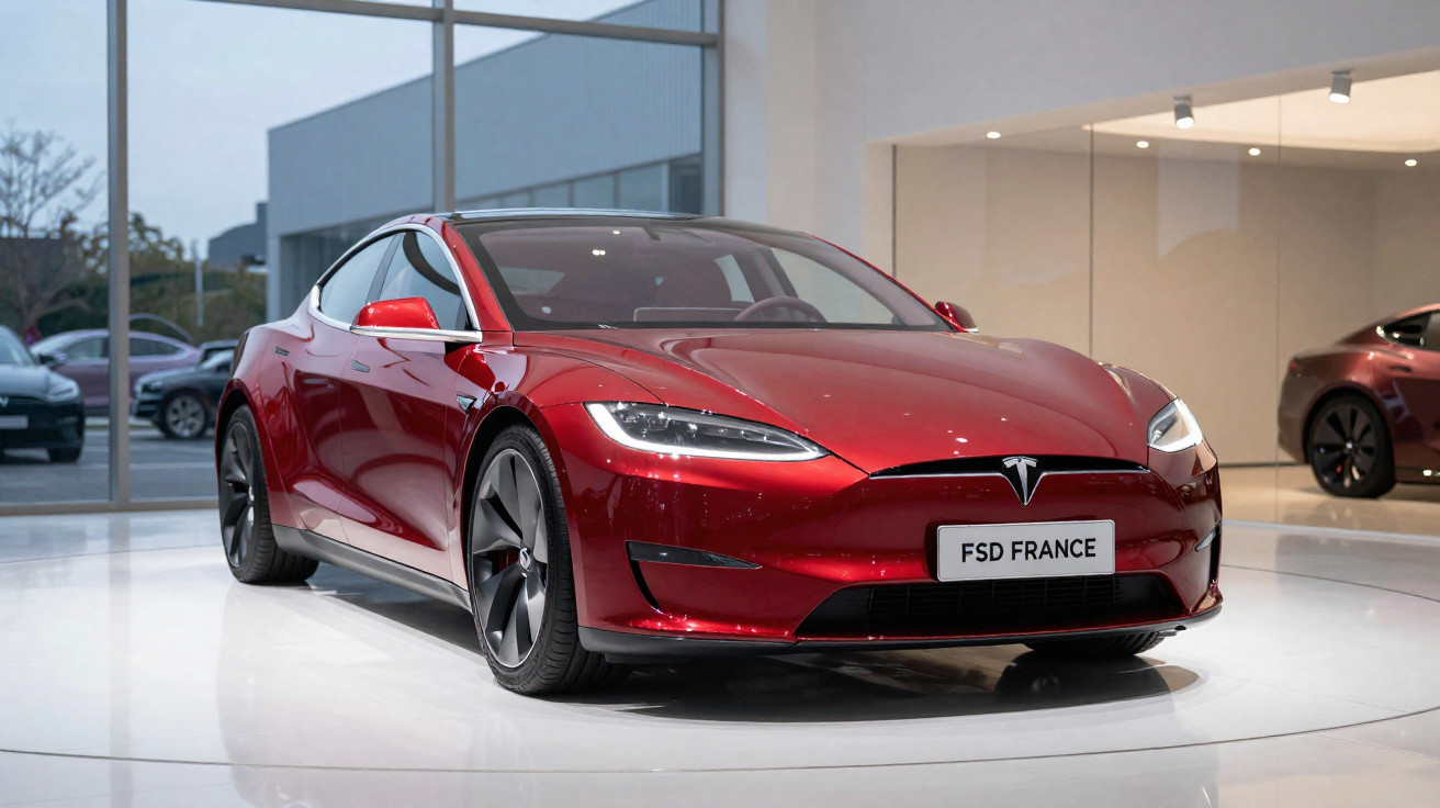 Rotes Tesla Model S Elektroauto in einem modernen Ausstellungsraum mit großen Fenstern und weißen Wänden.
