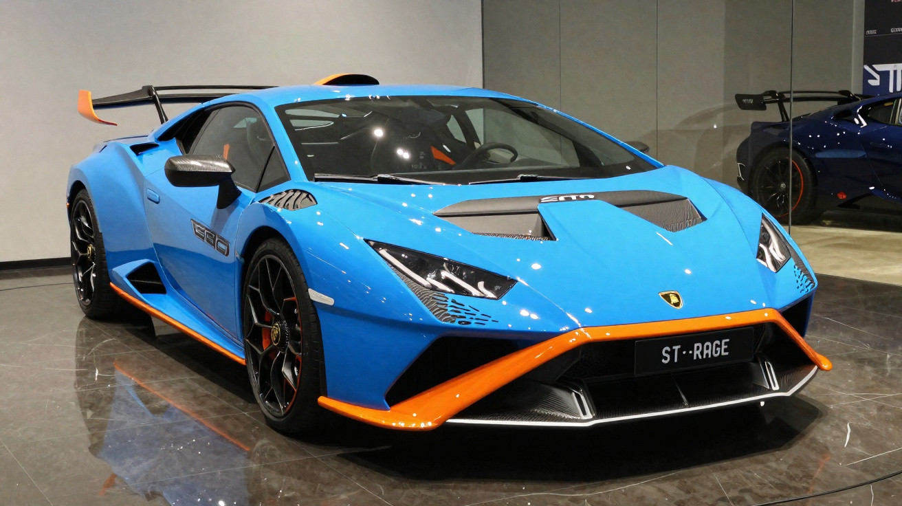 Blauer Lamborghini Huracán STO mit orangen Akzenten und schwarzem Heckspoiler in Innenraum-Ausstellung.