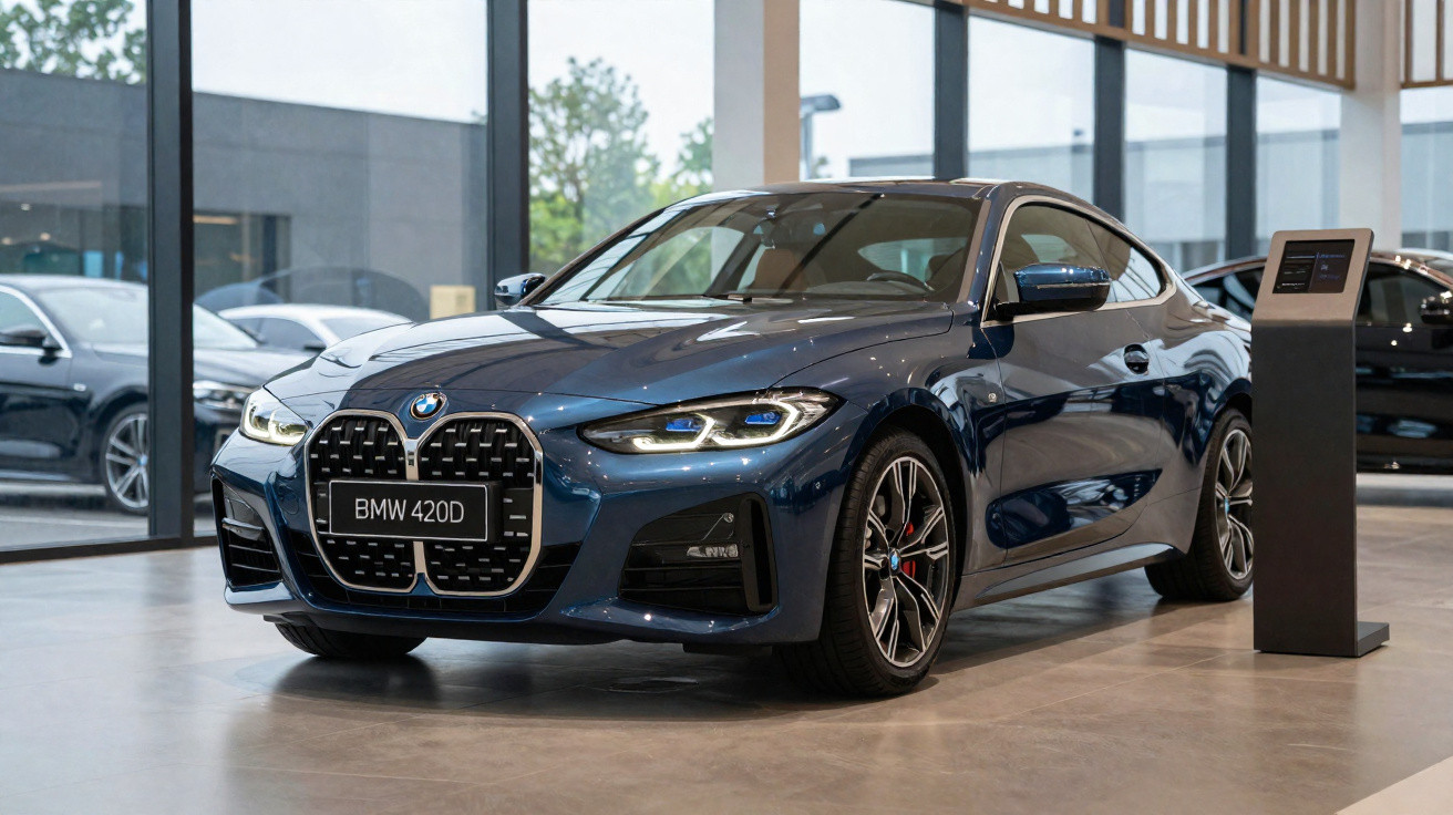Blauer BMW 420D Sportwagen mit markantem Frontgrill in einem modernen Autohaus ausgestellt.