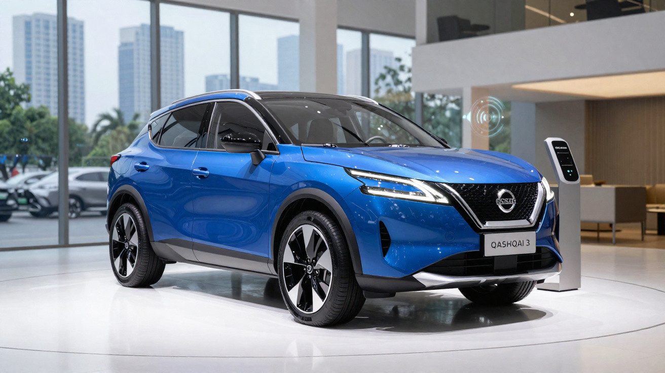 Blauer Nissan Qashqai 3 Elektroauto in modernem Showroom vor großen Fenstern und Stadtpanorama