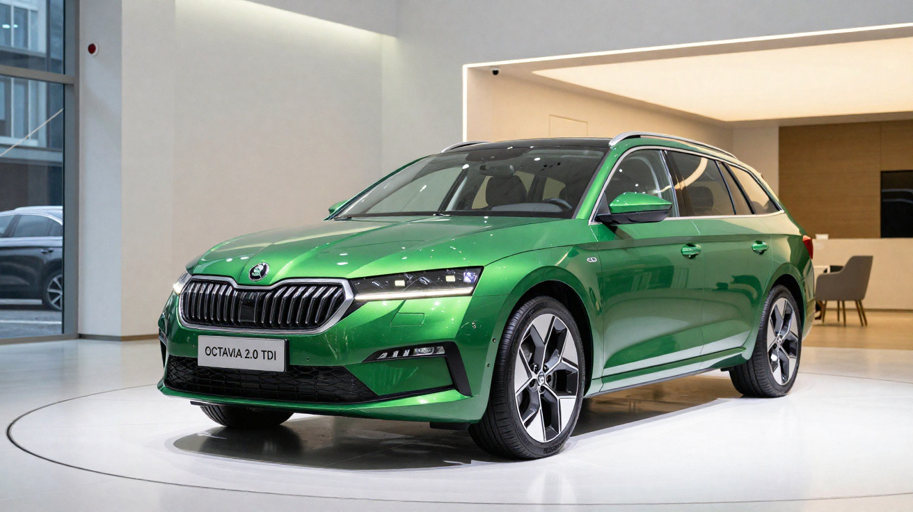 Grüner Skoda Octavia 2.0 TDI Kombi in modernem Showroom auf rundem Präsentationspodest stehend.