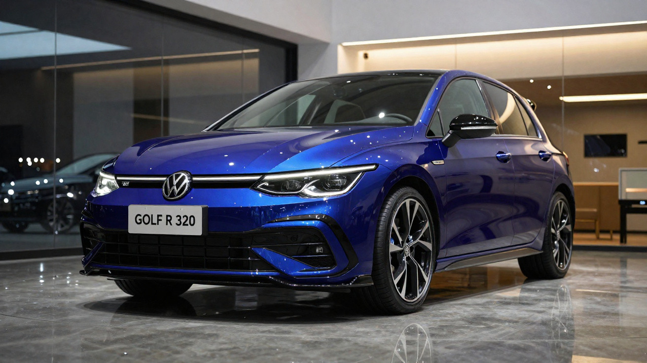 Blauer Volkswagen Golf R 320 in moderner Ausstellung mit glänzendem Fußboden und Reflektionen.