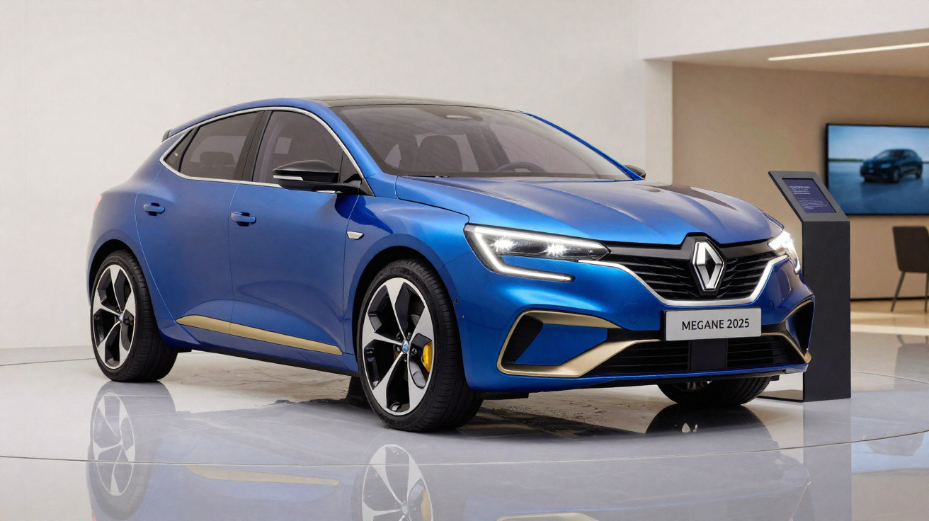 Blauer Renault Megane 2025 auf weißem Ausstellungspodest mit moderner Architektur im Hintergrund.