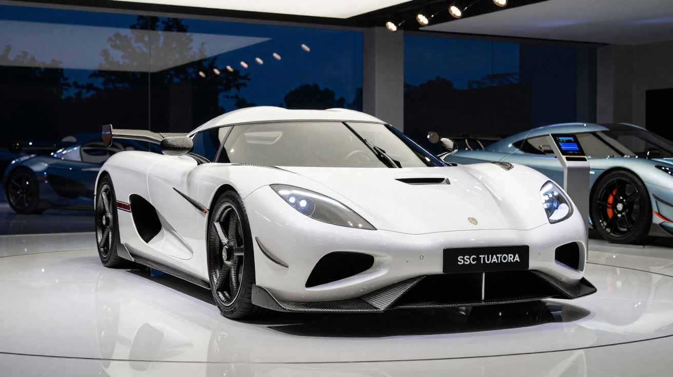 Weißer SSC Tuatara Supersportwagen in einer modernen Ausstellungshalle bei Nacht.