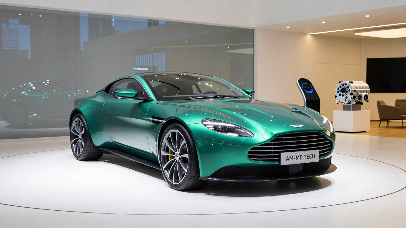 Grüner sportlicher Aston Martin auf rundem Podest in modernem Ausstellungsraum mit hellem Licht.