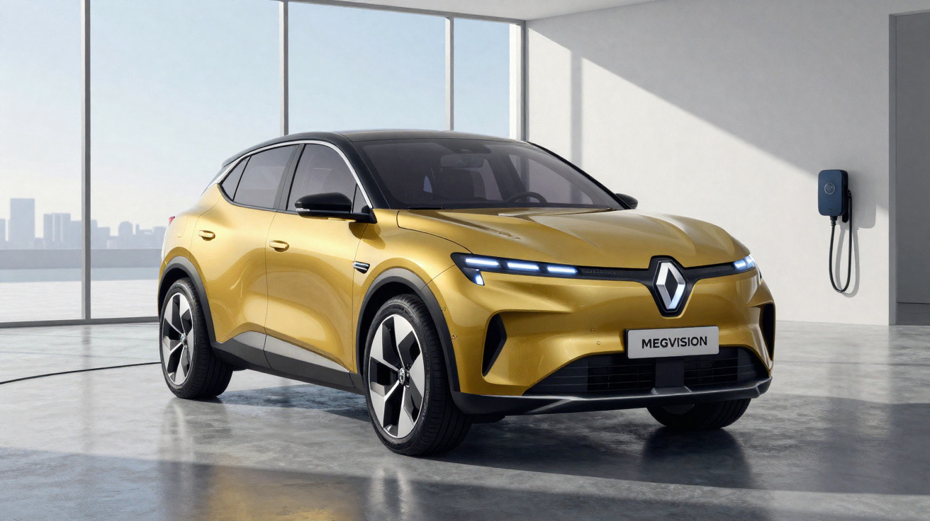 Goldener Renault Megane E-Tech Elektro-SUV in modernem Raum an Ladestation angeschlossen.