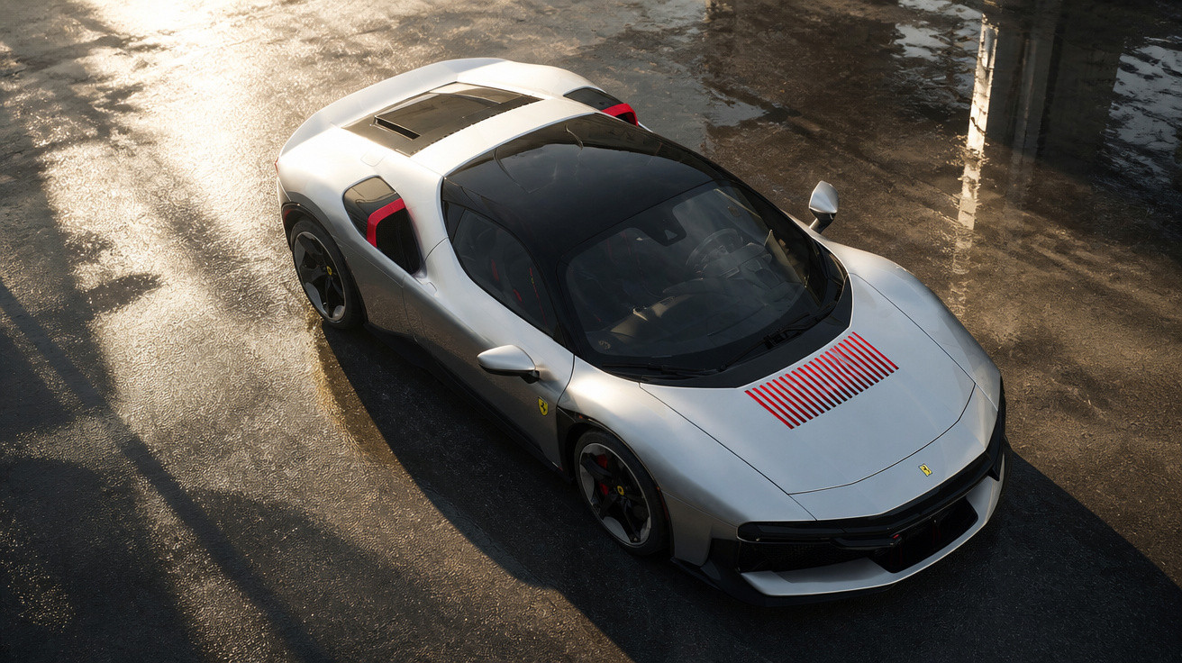 Silberner Ferrari-Sportwagen bei Sonnenlicht auf nasser Straße aus Vogelperspektive.