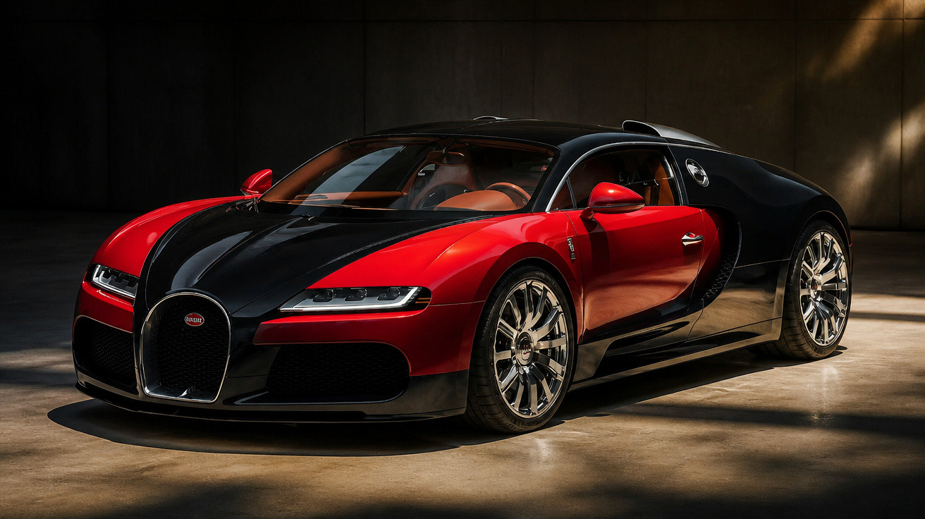 Roter und schwarzer Bugatti Chiron Sport vor dunklem Hintergrund in einer Halle, detaillierte Seitenansicht.