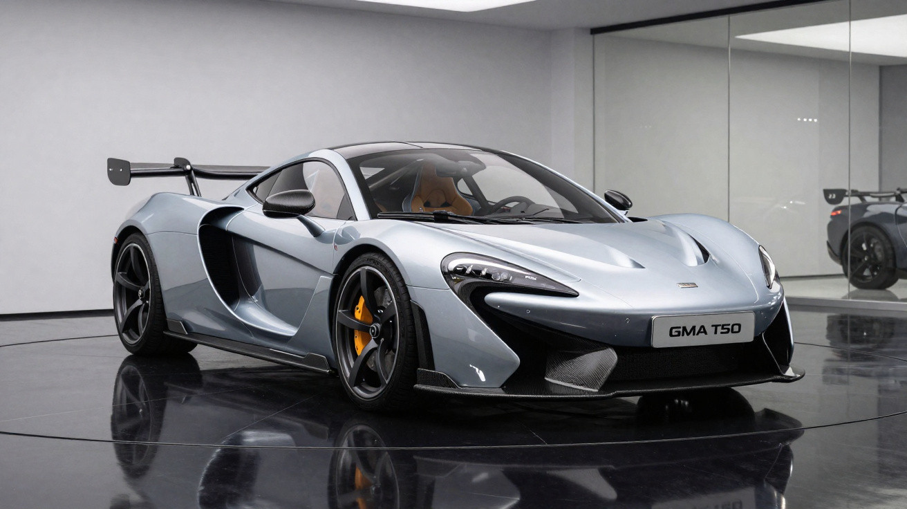 Silberner McLaren GMA T50 Supersportwagen in einem showroom mit Spiegelwänden und schwarzem Boden.