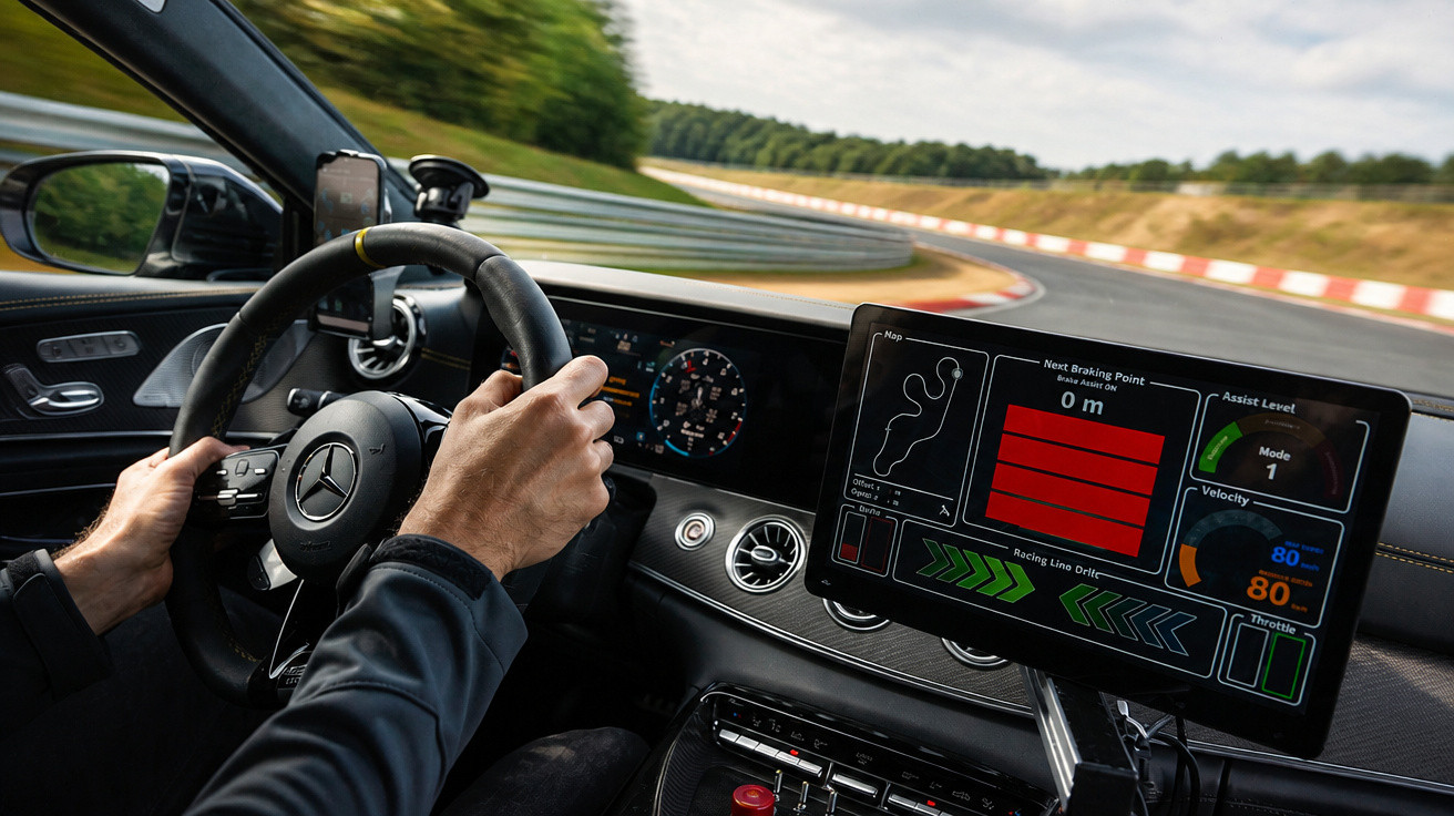 Innenraum eines Mercedes auf Rennstrecke, Fahrer hält Lenkrad, digitales Display mit Streckendaten sichtbar.