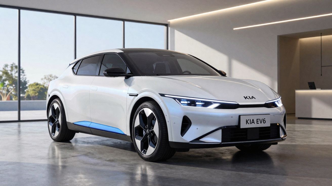 Weißer Kia EV6 Elektro-SUV steht in modernem, hellem Innenraum mit großer Fensterfront.