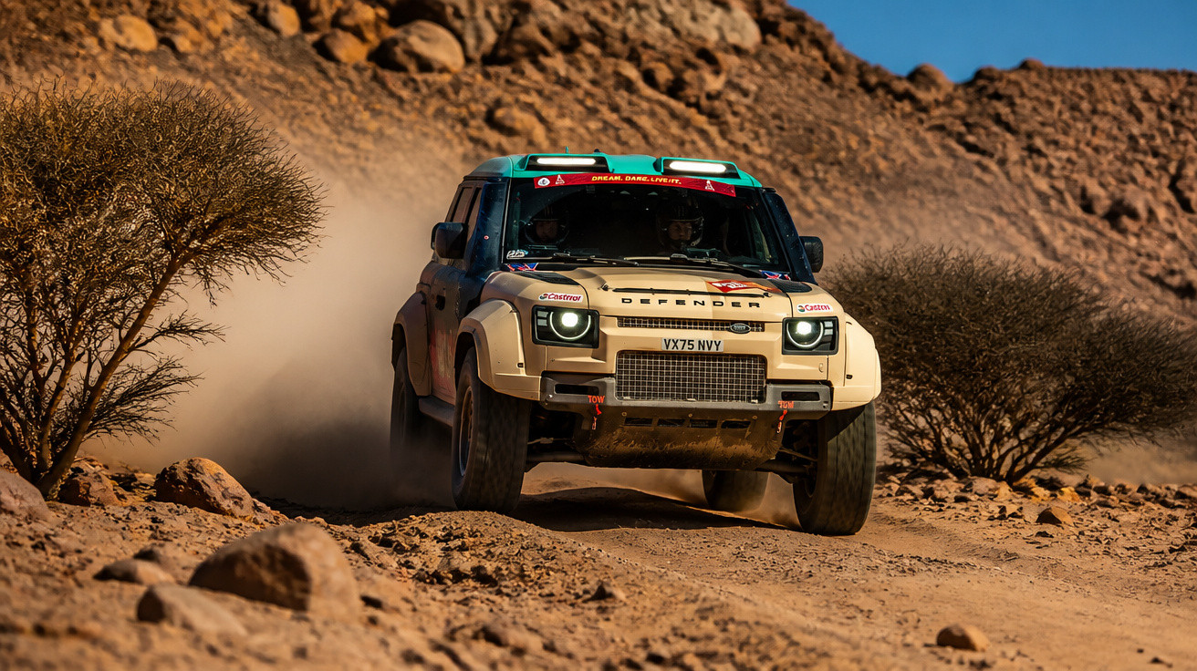 Ein Land Rover Defender fährt staubig über eine trockene, felsige Wüstenlandschaft mit vereinzelten Büschen.