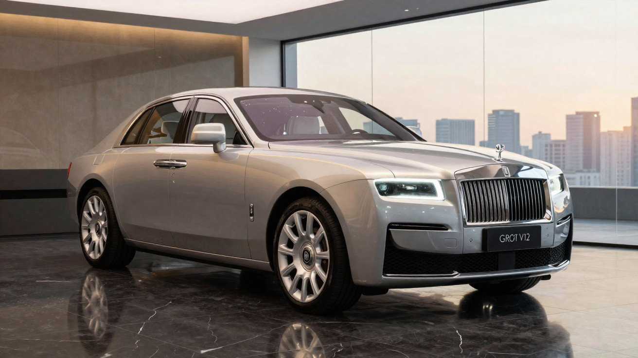 Silberner Rolls-Royce Ghost V12 in modernem Raum mit Stadtblick bei Sonnenuntergang.
