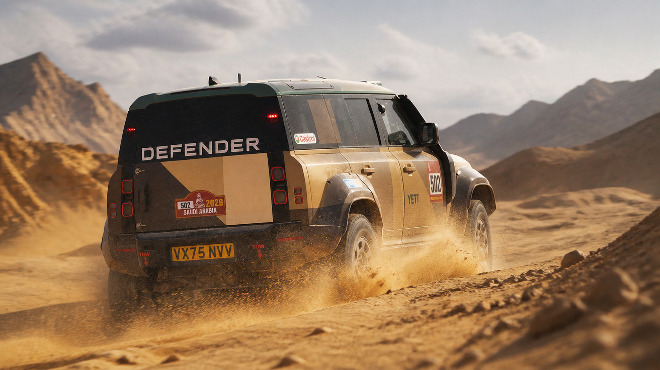 Land Rover Defender fährt durch staubige Wüstenlandschaft mit Bergen im Hintergrund bei Tageslicht.