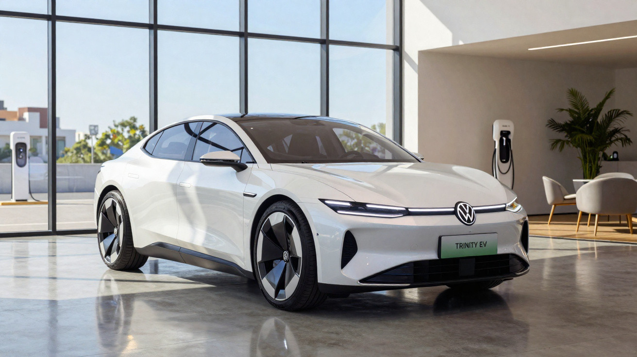 Weißer Volkswagen Trinity EV in modernem Showroom mit großem Fenster und Ladestation im Hintergrund.