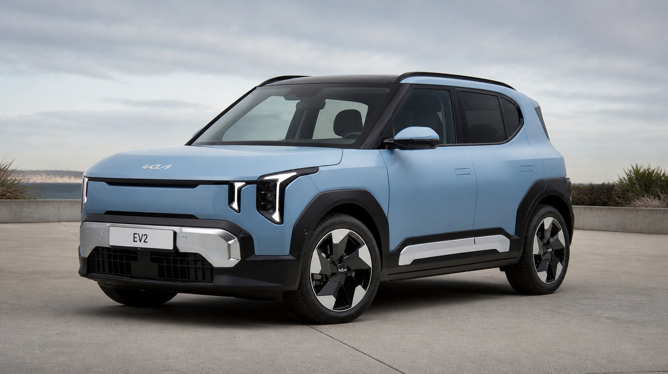 Blaues Kia EV2 Elektro-SUV, moderne Front mit LED-Scheinwerfern, geparkt auf Betonfläche bei bewölktem Himmel.