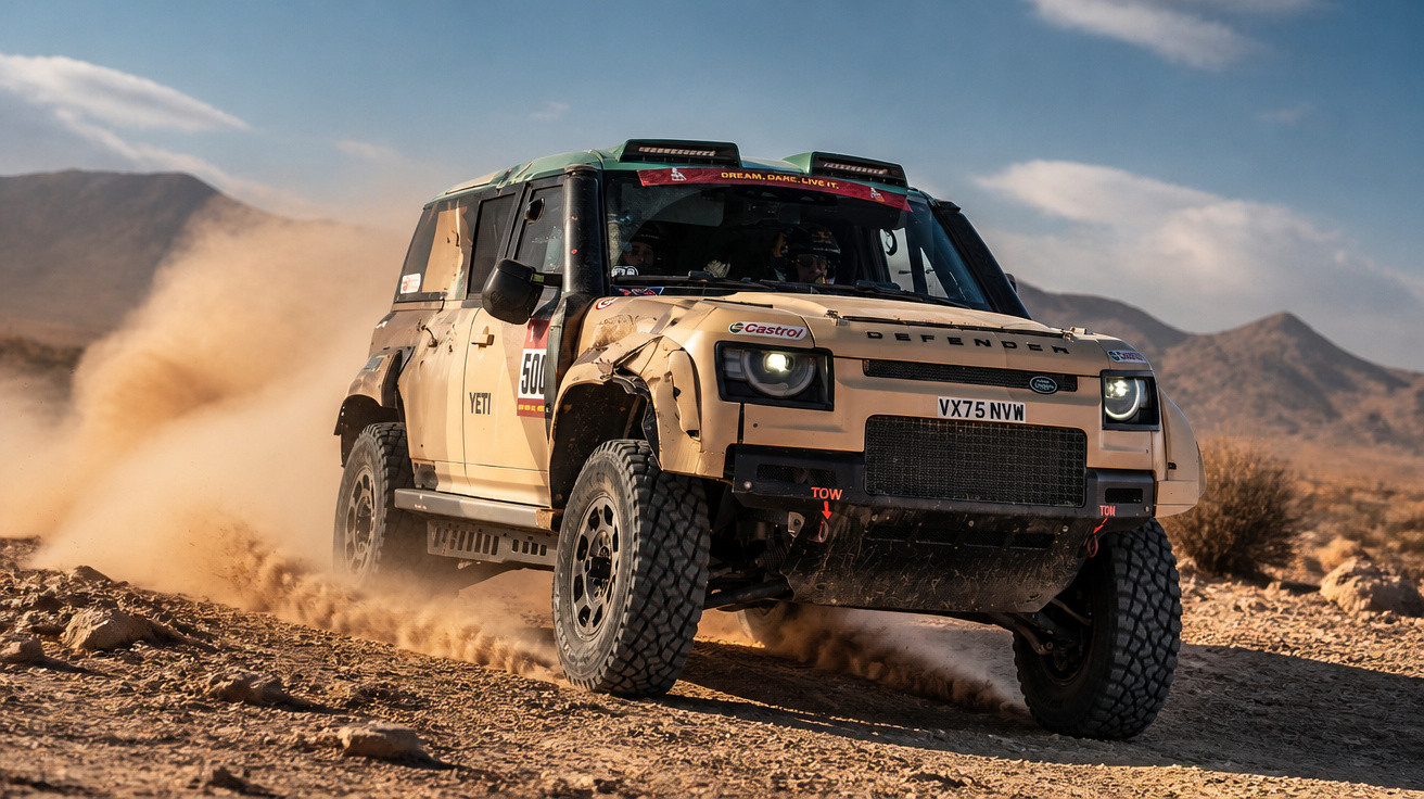 Geländewagen Land Rover Defender fährt schnell über staubigen Wüstenboden vor Bergen in Sonnenlicht.